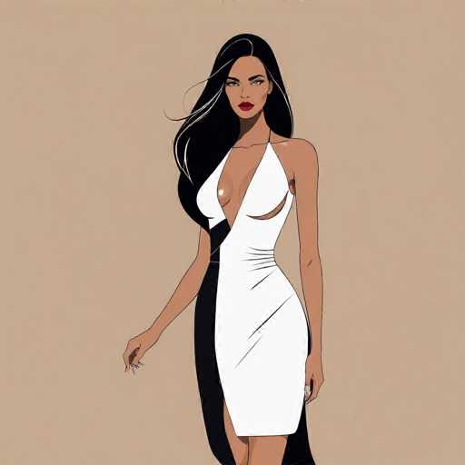 The image depicts a woman wearing a white dress with black accents and long dark hair. She is standing against a beige background, facing the camera directly. The woman's pose suggests she is posing for the photo.