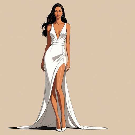 The image depicts a woman wearing a white dress with a deep V-neck and long train, standing against a beige background. The woman is positioned centrally in the frame, facing towards the right side of the image.