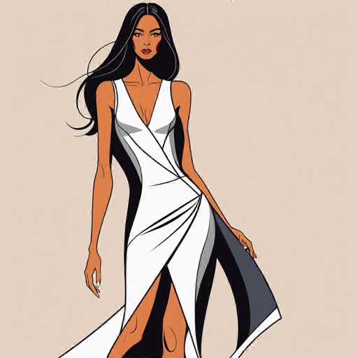 The image depicts a woman wearing a white dress with a black skirt and long sleeves. She is standing against a beige background, facing the camera directly. The woman's hair is styled in loose waves, adding to her elegant appearance.