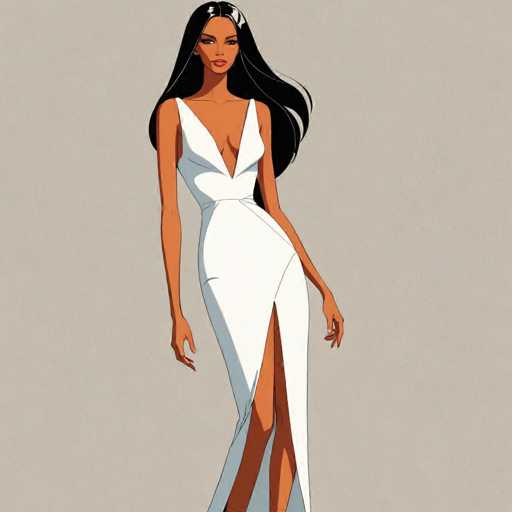 The image depicts a woman wearing a white dress with a deep V-neck and long skirt. She is standing against a light gray background, which contrasts with her attire. The woman's pose suggests she is posing for the photo.