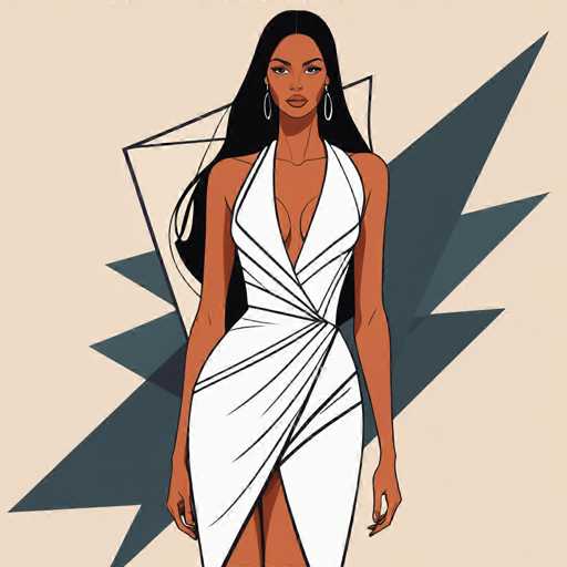 The image depicts a woman wearing a white dress with a wrap skirt and high neckline. She is standing against a backdrop of geometric shapes, including triangles and rectangles, arranged in a diagonal pattern that creates an abstract background for the scene. The woman's pose suggests she is posing confidently for the photo.