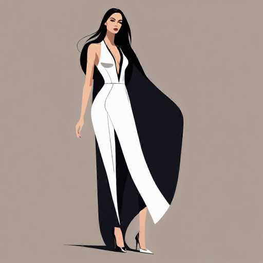The image depicts a woman wearing a white dress with black accents and high heels. She is standing against a light gray background, which contrasts with her outfit. The woman's hair is styled in loose waves, adding to the overall elegance of the scene.