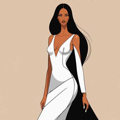 The image depicts a woman wearing a white dress with a plunging neckline and long sleeves. She is standing against a beige background, facing the camera directly. The woman's hair is styled in loose waves, adding to her elegant appearance.