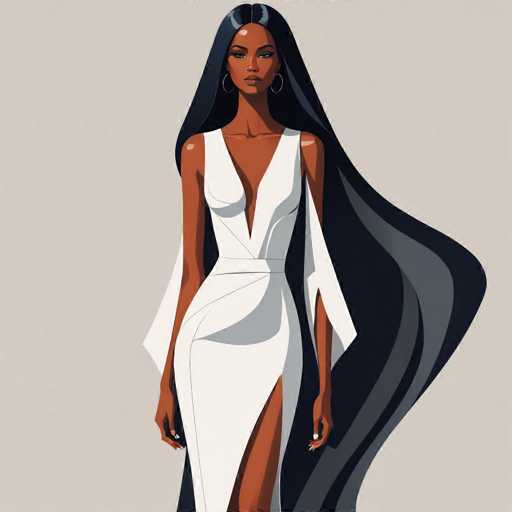The image depicts a woman wearing a white dress with a deep V-neck and long sleeves. She has her hair styled in loose waves that fall over her shoulders. The background is a light gray color, providing a neutral backdrop for the woman's attire.