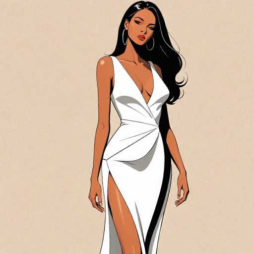 The image depicts a woman wearing a white dress with a deep V-neck and split skirt. The woman is standing against a beige background, which contrasts with her white attire. She has long dark hair that falls over her shoulders, adding to the elegance of the scene.