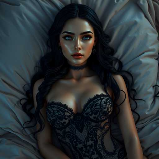 The image shows a woman with long dark hair wearing a black lace bra and corset. She is lying on her stomach on a bed, with the head of the bed visible behind her. The background appears to be a blurred blue color, which contrasts with the woman's dark attire.