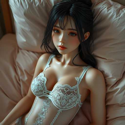 A 3D rendering of a woman with long dark hair wearing a white lace bra and panties lying on her stomach on a bed with a pink comforter.