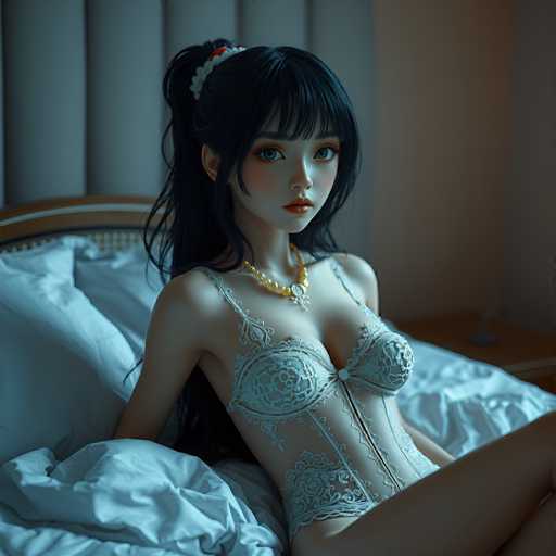 A 3D rendering of a woman with long dark hair wearing a white lace bra and panties, sitting on a bed with a white comforter and pillows.