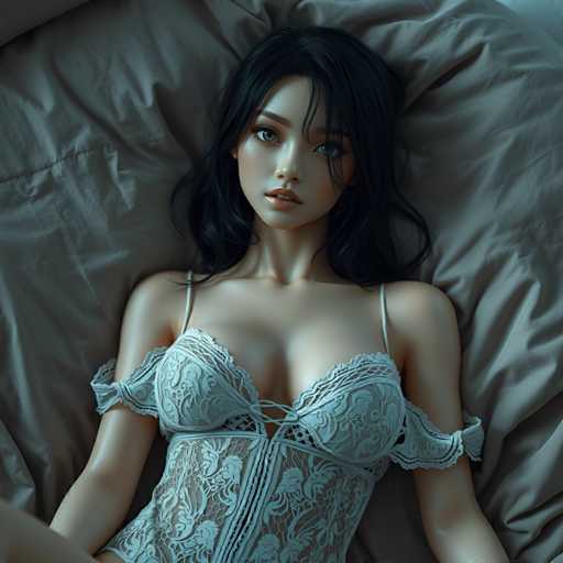 A woman is lying on her stomach with her head resting on a white lace bra and a matching white strapless dress. The background features a gray blanket that appears to be folded neatly at the bottom of the image.