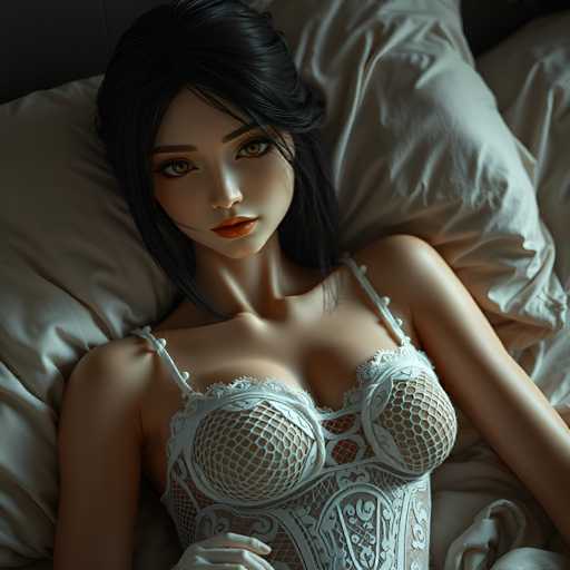 The image shows a close-up view of a woman wearing a white lace bra and panties with mesh detailing. The woman is lying on her stomach on a bed, with the headboard behind her.