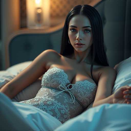 A woman is lying on her stomach on a bed with white sheets and a blue headboard. She is wearing a white lace bra and matching panties that have an intricate design. The background of the image is dark, which contrasts with the lighter elements in the foreground.