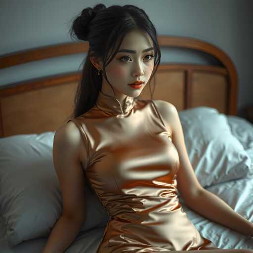 A young woman with long dark hair is sitting on a bed with white pillows and a wooden headboard behind her. She is wearing a gold dress that matches the color of the wooden headboard.