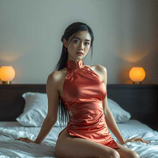 A woman is sitting on a bed with her legs crossed and wearing an orange dress that has a halter neckline. She is looking directly at the camera while seated against a white headboard. The room features two lamps on either side of the bed, casting light onto the scene.