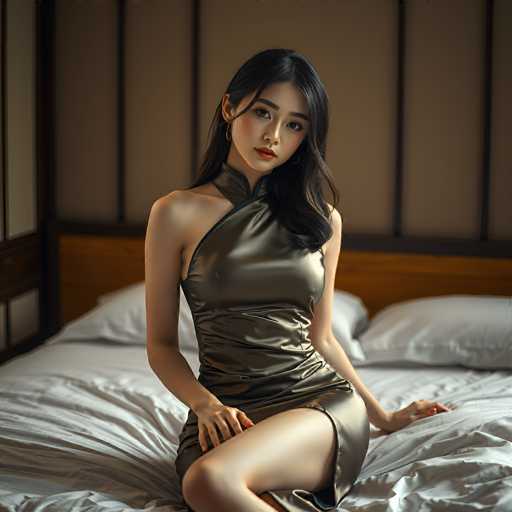 A young woman is sitting on a bed with her legs crossed and wearing a black dress that falls just below the knee. The room has wooden walls and a window with blinds, allowing soft light to enter the space.