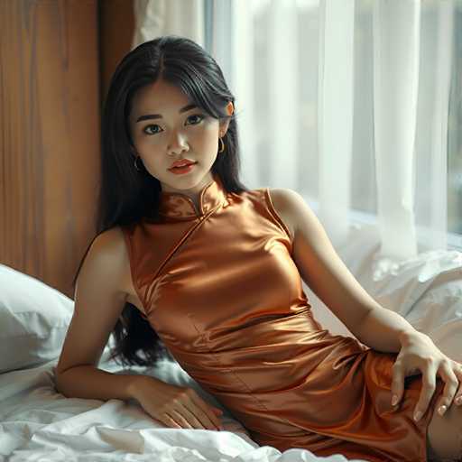 A young woman with long dark hair is sitting on a bed and wearing an orange dress that reaches down to her knees. She has her hands resting on the pillows behind her head. The room features white walls and a window dressed in white curtains, allowing natural light to illuminate the space.