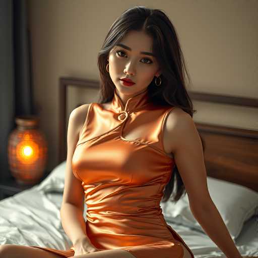 A young woman with long brown hair is sitting on a bed wearing an orange dress and red lipstick. She has her legs crossed and is looking directly at the camera. The room features a wooden headboard against a beige wall, and there are two vases in the background - one on each side of the bed.
