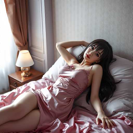 A woman is lying on her stomach on a bed with white sheets and a pink dress. She has long dark hair that falls over her shoulders. The room features a window with brown curtains and a lamp next to the bed.