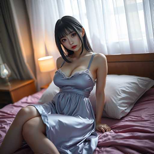 A woman is sitting on a bed with her legs crossed and wearing a blue dress that has lace detailing. She is looking directly at the camera with a serious expression. The room features pink walls and a window with white curtains.