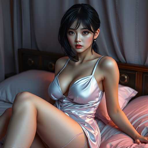 A woman is sitting on a bed with her legs crossed and wearing a silver strapless dress. The room has a gray curtain and wooden headboard behind the bed.