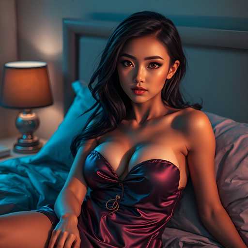 A woman with long dark hair is sitting on a bed wearing a red dress and has her legs crossed. The room features a lamp next to the bed and a window that lets in natural light.
