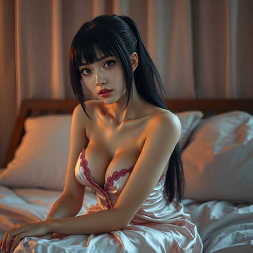 A woman with long dark hair is sitting on a bed with white pillows and a pink and red lace top. She has her arms crossed over her chest and is looking directly at the camera.
