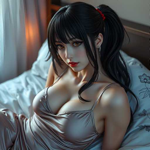 A woman with long dark hair is shown in a close-up portrait on the bed of her bedroom. She is wearing a silver dress and has red lipstick on her lips. The background features a white curtain that partially covers the window behind her.