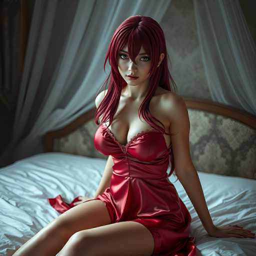 A woman with long red hair is sitting on a bed wearing a red dress and has her legs crossed.