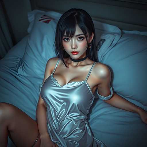 The image shows an Asian woman with dark hair and a red lipstick posing on a bed. She is wearing a silver dress that contrasts with the blue sheets of the bed. The background appears to be a bedroom setting, as indicated by the presence of pillows and other objects typically found in such spaces.