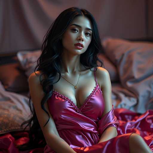 A woman with long dark hair is sitting on a bed wearing a pink dress and gold necklace. The room has gray walls and a white comforter.