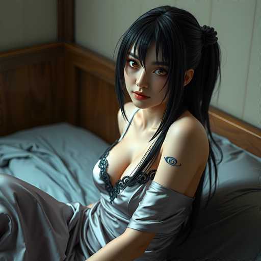 A woman with long dark hair is sitting on a bed wearing a silver dress and has a tattoo of an eye on her arm.