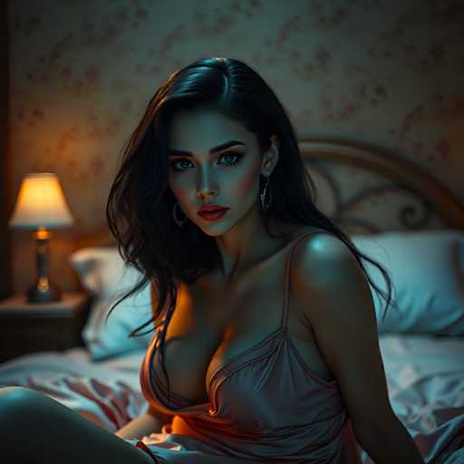A woman with long dark hair is sitting on a bed wearing a pink dress and red lipstick. She has her legs crossed and is looking directly at the camera. The room features a floral wallpaper and a lamp on a nightstand next to the bed.