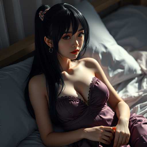 A woman with long dark hair is sitting on a bed wearing a purple dress and has her hands resting on her lap. The background features a white sheet and a wooden headboard.