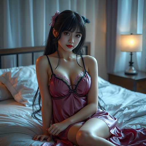 A young woman with long dark hair is sitting on a bed wearing a pink dress and has her hands resting on the pillows behind her. The room features white walls and a window that allows natural light to enter, creating a serene atmosphere.