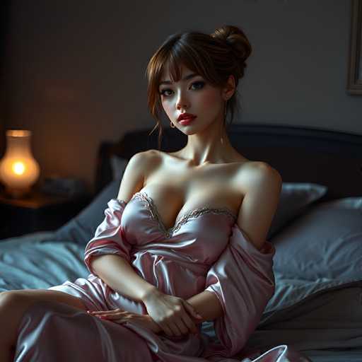 A woman with long brown hair and bangs is sitting on a bed wearing a pink dress. She has her arms crossed over her chest and is looking directly at the camera. The room features a lamp in the background and a gray headboard against a white wall.