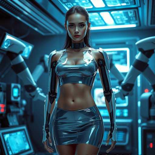 The image shows a woman standing in front of a futuristic room with blue walls and neon lights. She is wearing a silver bodysuit that covers her entire body, including her arms and legs. The woman has long hair and is looking directly at the camera.