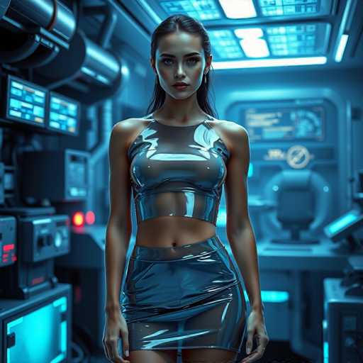 A woman stands confidently in front of a futuristic room with blue walls and a large screen monitor on the wall. She is wearing a silver bodysuit that reflects light from the blue surroundings. The room contains various pieces of technology, including a computer monitor and a keyboard.