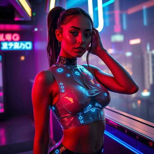 A young woman with long dark hair is standing in front of a window, wearing a futuristic outfit that includes a tank top and pants made from a shiny material. The background features neon lights and buildings, creating an urban atmosphere.