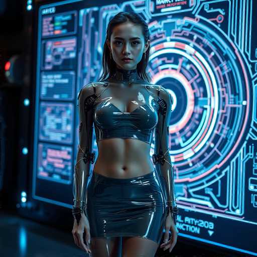 A woman stands confidently against a futuristic backdrop featuring a large screen displaying a complex circuit board and various symbols. She is wearing a black leather outfit that includes a skirt and bodysuit with a mesh-like texture. The woman's pose suggests she is in control of the situation, possibly as an engineer or designer working on the project displayed before her.
The image does not contain any discernible text other than the woman's name at the bottom left corner.
