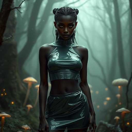 A woman with long braids and a green top stands in front of mushrooms on a forest floor, surrounded by trees and glowing mushrooms.