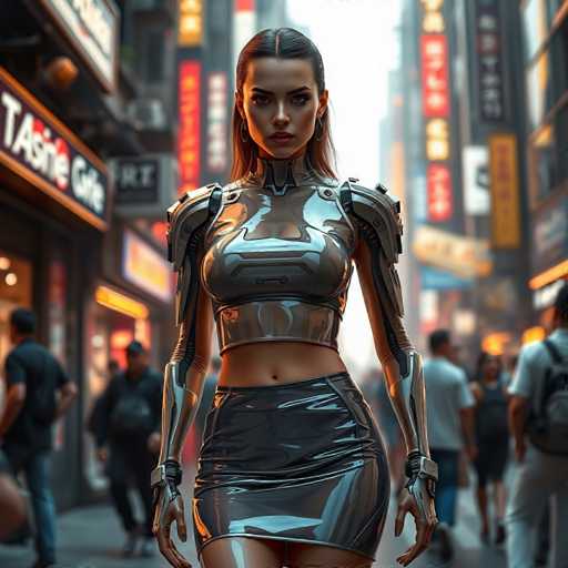 A woman is walking down a city street at night, wearing a futuristic outfit that includes a metallic bodysuit and high heels. The background features neon signs and buildings with various advertisements for businesses such as "T&F" and "Gift".