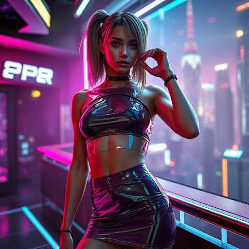 A woman is standing on a balcony with her arms crossed and looking directly at the camera. She is wearing a black leather outfit that includes a skirt and top, which appear shiny due to their reflective properties. The background features neon lights and buildings, suggesting an urban setting or a cityscape.