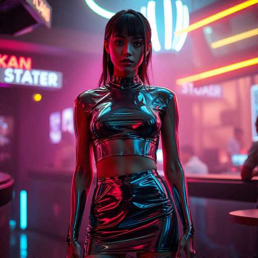 A woman stands confidently in front of a neon-lit bar, wearing a black leather outfit that includes a skirt and top. The background is filled with neon lights, creating an urban atmosphere.