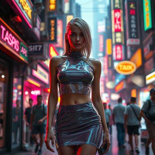 A woman is walking down a busy city street at night, wearing a silver jumpsuit and carrying a phone in her hand. The background features neon signs and buildings with various advertisements, creating an urban atmosphere.