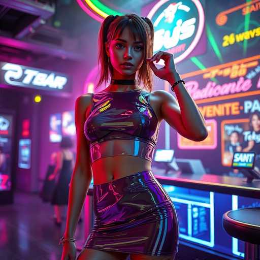 A woman is standing in front of a neon sign that reads "BIS" and "20". She is wearing a black and purple outfit with a matching skirt and top. The background features a bar counter with various advertisements on it.