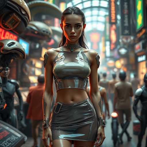 The image depicts a futuristic cityscape with neon signs and billboards illuminating the scene. In the center of the frame is a woman wearing a silver jumpsuit and high heels, standing confidently amidst the bustling urban environment. The background shows various buildings and people going about their day, contributing to the overall sense of a busy and vibrant city.