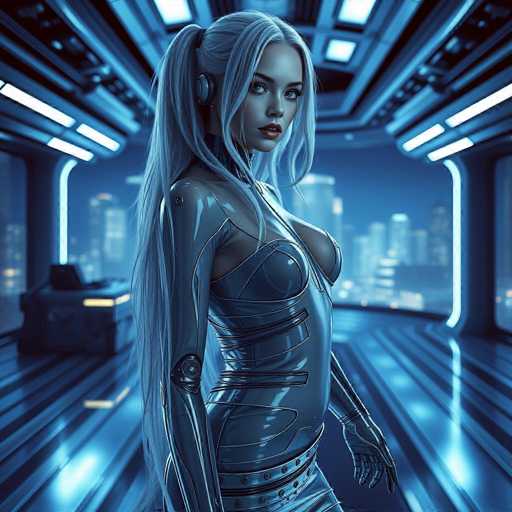 A woman with long blonde hair is standing in a futuristic room filled with blue lights and high ceilings. She is wearing a silver bodysuit that covers her entire body, including her arms and legs. The walls of the room are made of glass, reflecting the light from above and creating an ethereal atmosphere. A large window on one side of the room offers a view of the city skyline outside.