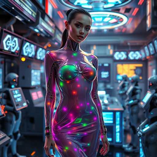 A woman stands confidently in front of a computer monitor and keyboard, wearing a futuristic body suit that glows with neon colors against the dark background. The room is filled with other machines and monitors, creating an atmosphere of technological advancement.