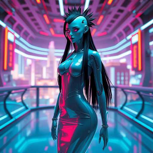 A woman with long black hair and a spiky hairstyle stands confidently against the backdrop of a futuristic cityscape. She is wearing a striking blue dress that contrasts with her dark hair. The city around her is illuminated by neon lights, creating an otherworldly atmosphere.