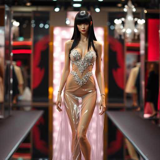 The image shows a woman wearing a revealing dress with a sheer fabric and intricate beading on the bodice. She is walking down a runway, which has a black floor that contrasts with her pink dress. The background features red walls adorned with chandeliers hanging from them.