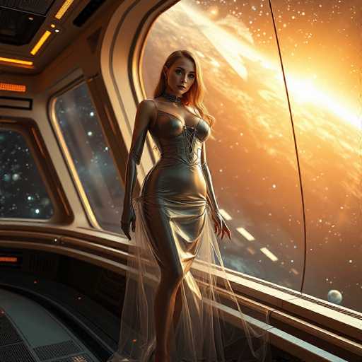 A woman stands confidently on a balcony inside a spaceship, wearing a silver dress and holding a white ball. The backdrop is an orange and yellow starry sky with planets visible through the windows of the ship.